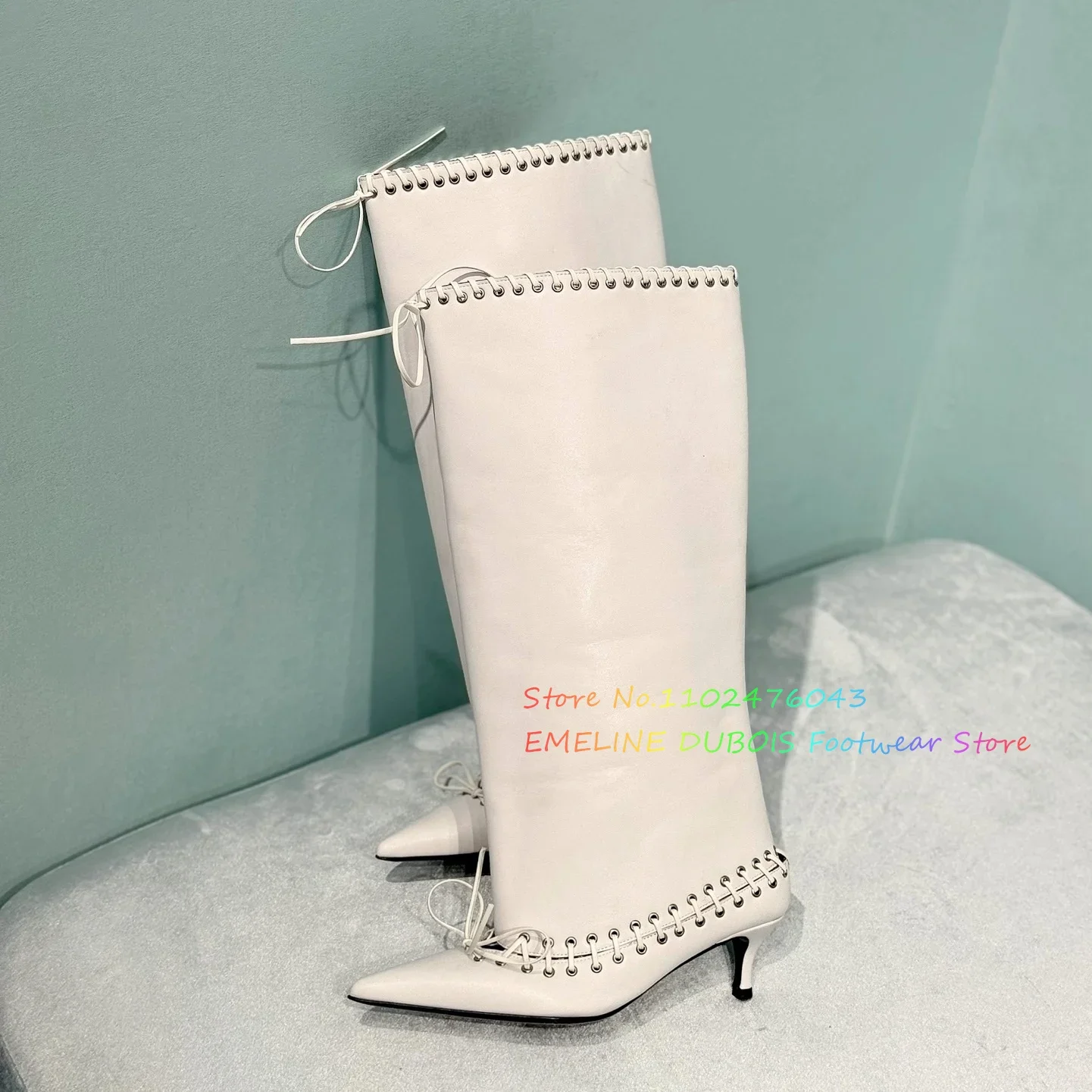 Black Leather Silver Metal Circle Knee High Boots Pointy Toe Contrasting Wide Sleeve Lace Up Sexy Thin High Heels Women Boot