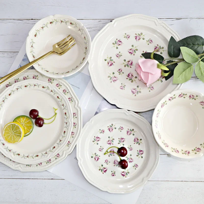 Vajilla francesa antigua con relieve de calcomanías, plato de cerámica, cuenco de frutas, plato plano de comida occidental, juego de platos de postre, ensalada, tazón de flores y Sushi