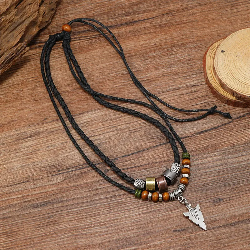 Trendy Hip Hop Tribal Arrow Pendant Double Beaded Necklace Men's Retro Fashion Men's Daily Life Jewelry Gift Accessories
