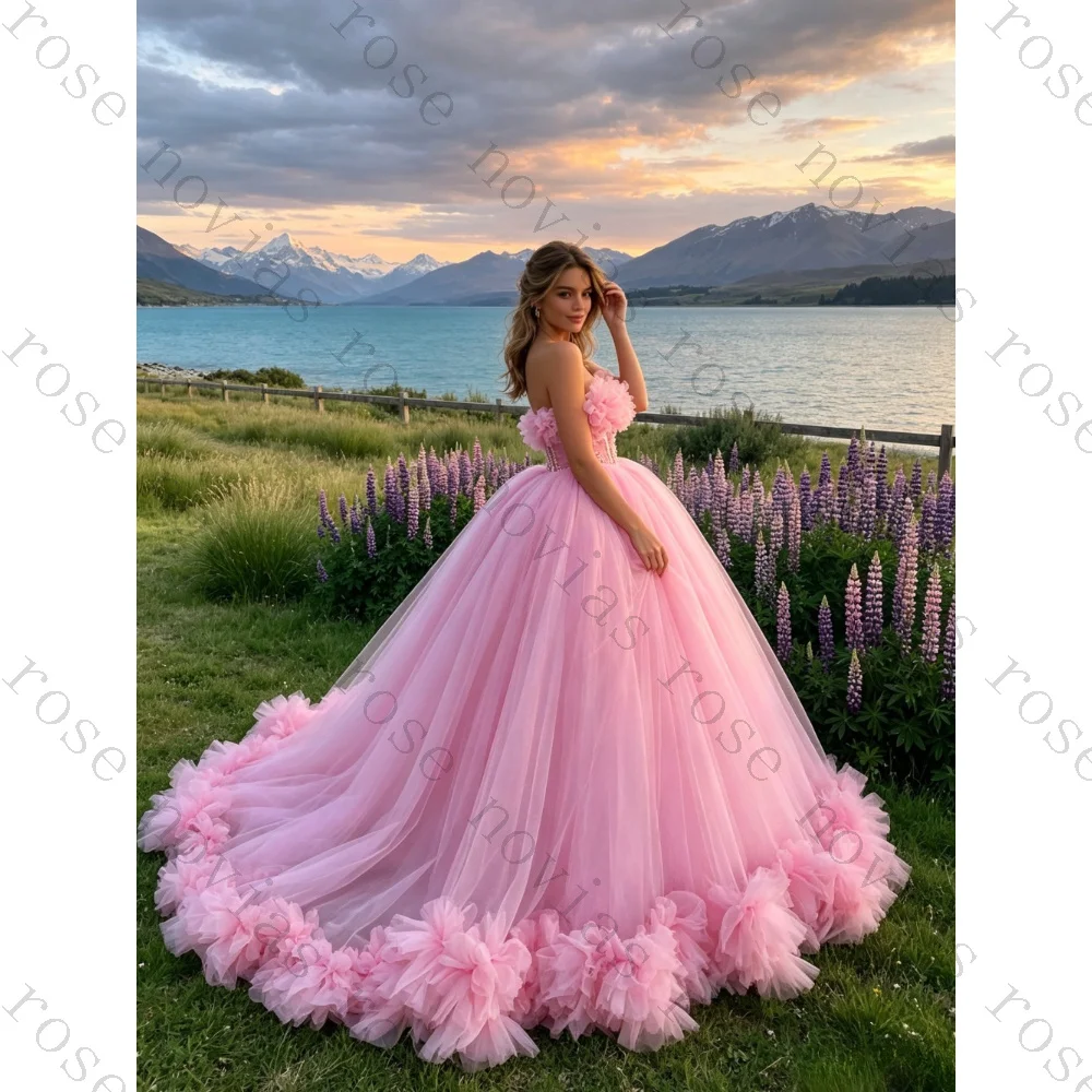 Customized Romantic Pink Fluffy Chiffon Ball Dress 2026 Sweet Floral Ruffled Off Shoulder Corset Suitable for Formal Occasions