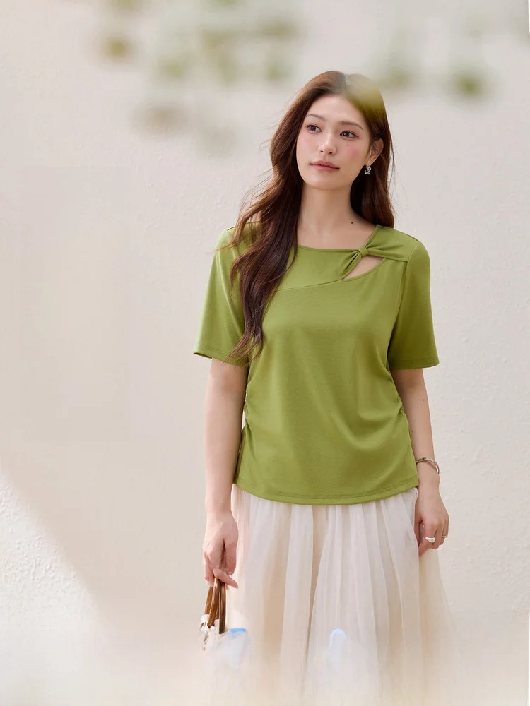 

Elastic Shoulder Knot Hollow out Neck Knitted Top Slim Fit Large Size Women's Summer Fashion Korean Style Cotton Blend
