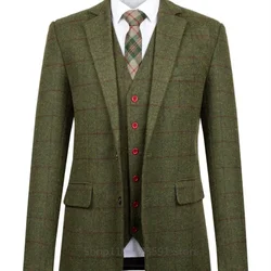 3 Piece Green Woolen Plaid Men Suits Slim Fit Wedding Groom Tuxedo Notch Lapel Business Party Set Costume Homme Jacket Vest Pant