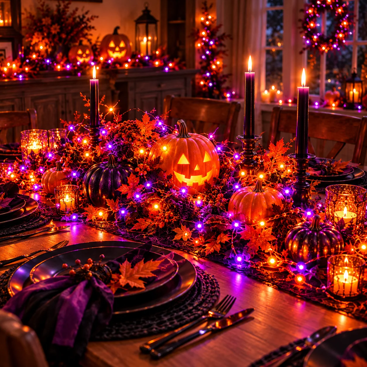 Halloween-Lichterkette mit Solarbetrieb, in den Farben Lila, Orange und Kupfer, 8 Leuchtmodi, schaltet sich automatisch bei Dunkelheit ein, ideal für die Dekoration von Gärten, Veranden und Partys. – Detail 4