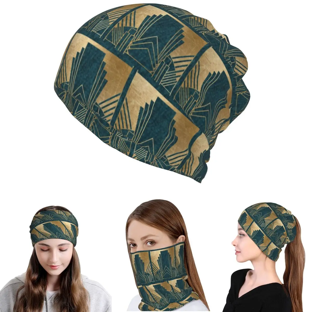 Art Deco Glamour – Bandana-Halstuch in Blaugrün und Gold, Mehrzweck-Kopfbedeckung, Mütze für Männer, Frauen, Erwachsene, Winter