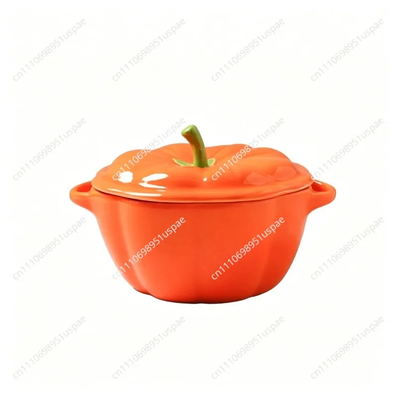 Ceramic Soup pot with lid Creative Pumpkin shape Binaural Soup Bowl Household Large Soup Noodle Bowl Halloween Decoration