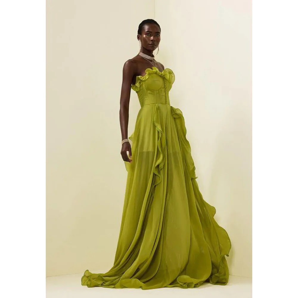 

Green Evening Dresses Women Strapless Sleeveless High Quality Banquet Celebrity Floor Length Chapel Train Female Gowns Classic