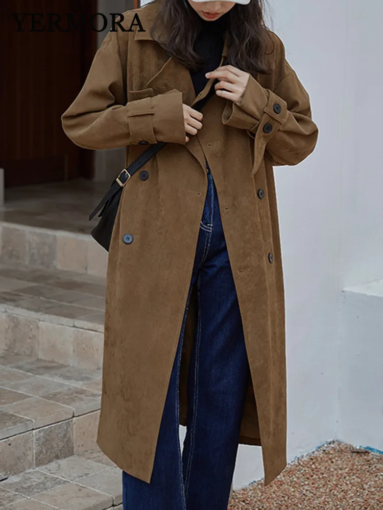 

YERMORA Camel Double Breasted Belt Vintage Trench Women Lapel Long Sleeve Loose New Windbreaker Fashion Tide Spring Autumn 2025