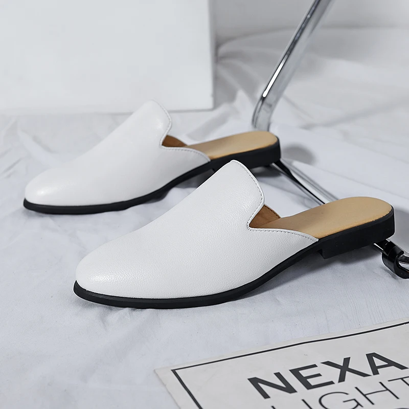 

Summer Men Slippers PU Flat Heel One Step Casual Business High Quality Half Slippers British Style Size 38-47 Men Half Slippers