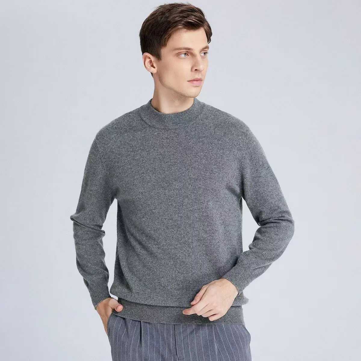 Autumn And Winter New 100% Wool Men's Semi-Turtle Sweater Neck Loose Pullover Knitted Bottoming Shirt Top