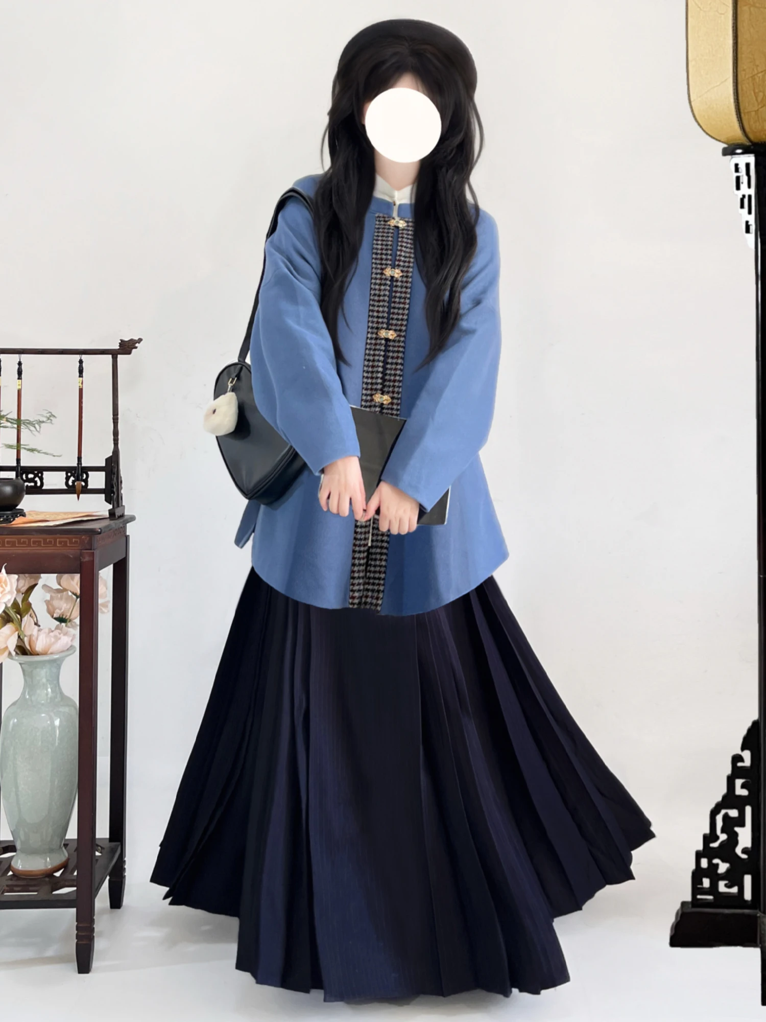 

Drs Autumn Winter Long Blue Woolen Hanfu round Ne Bow Bag Sve Large Size Traditional Chinese Clothing Daily Wear