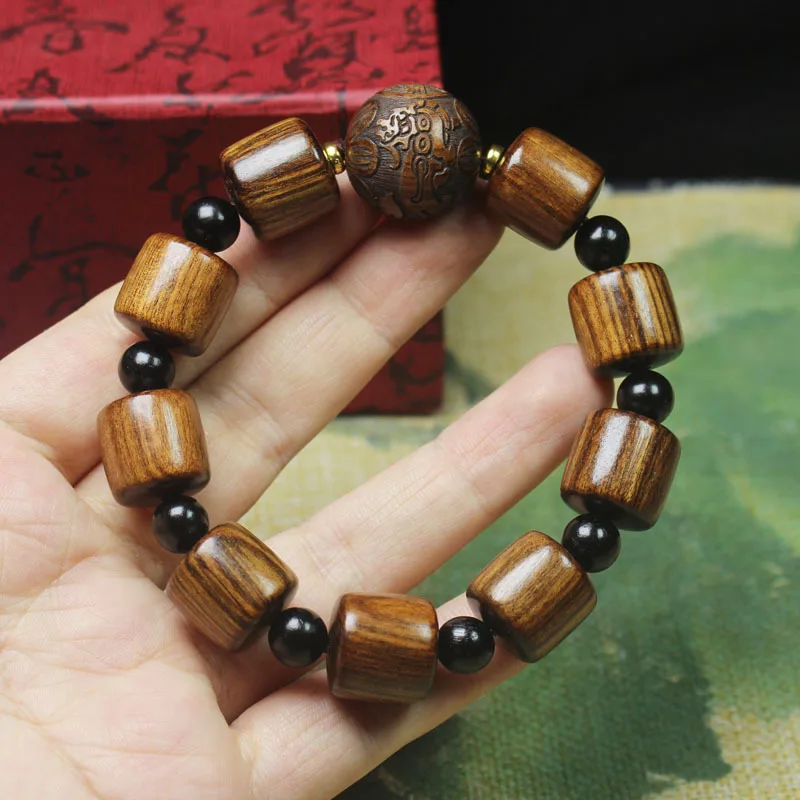 Black rosewood barrel bead bracelet 15mm Buddhist bead bracelet with Pixiu for attracting wealth, unisex prayer bead jewelry gif