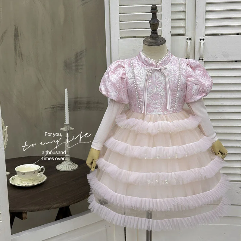 

Girls' Dress2025Autumn New Chinese Style Children's Princess Dress Pink Cheongsam Birthday Gown Dress