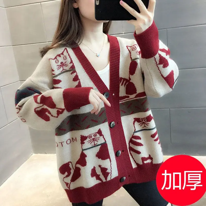 Cartoon V-neck Knitting Cardigan Coat Women Autumn Winter Fashion Loose Long Sleeve Sweater Casual All-match Trend Knitwear Tops