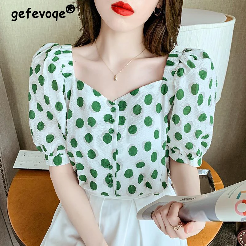 Women Trendy Polka Dot Printed Chiffon Blouses 2024 Summer Elegant Square Neck Short Sleeve Shirts Female Casual Sweet Chic Tops