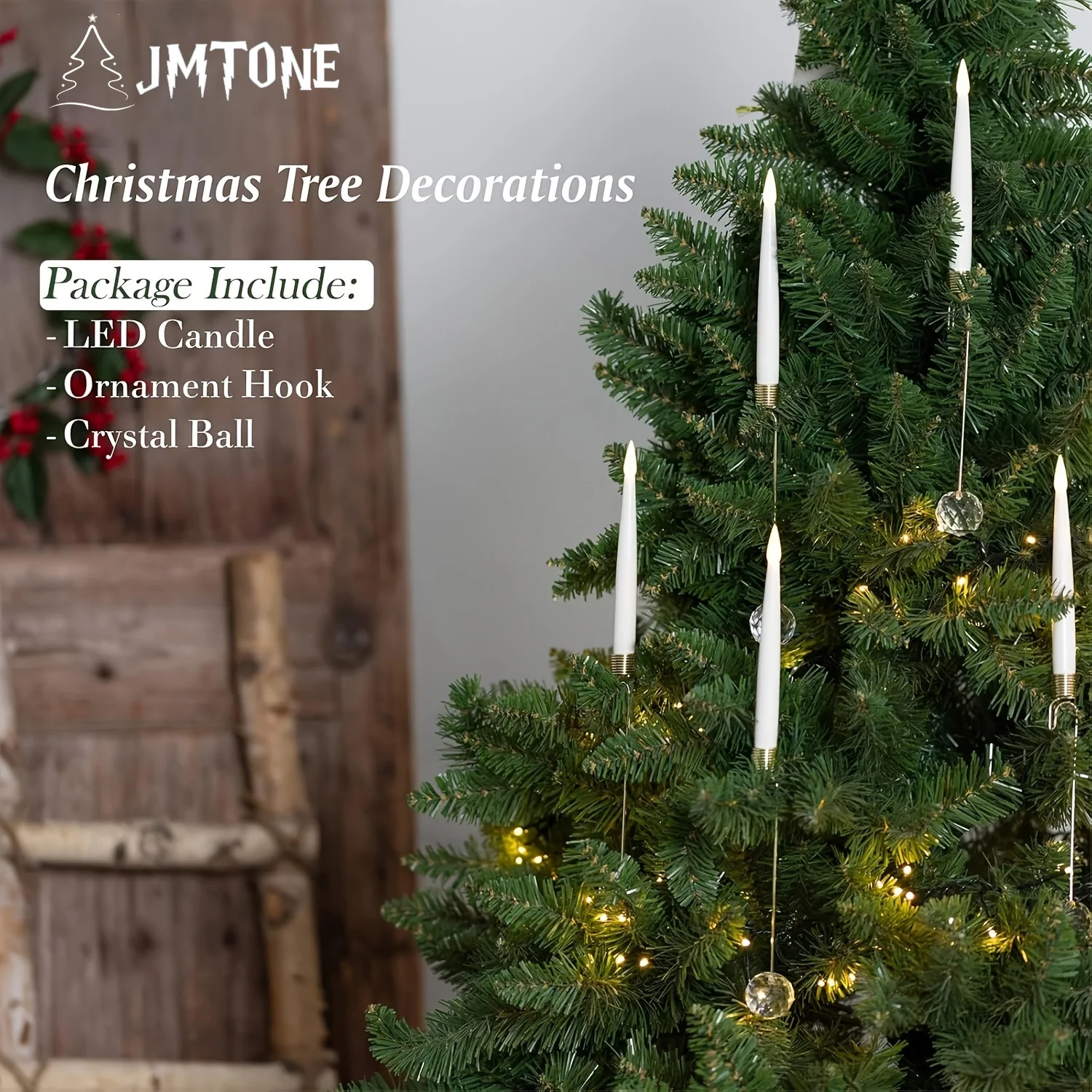 

12 Pack Christmas Tree Flameless LED Taper Candles, Battery Operated with Remote, Crystal Ball & Gold Hook for Xmas Decor