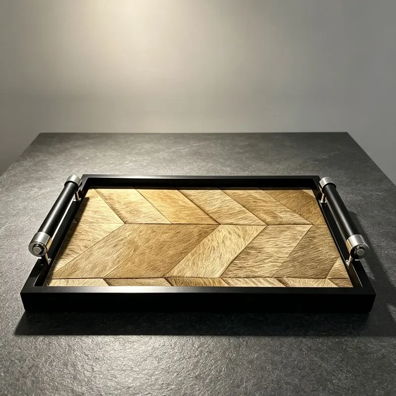 Retro Chinese Style Rectangular Tray with Handle Imitation Horsehair Texture Home Decor Storage Plate for Model House