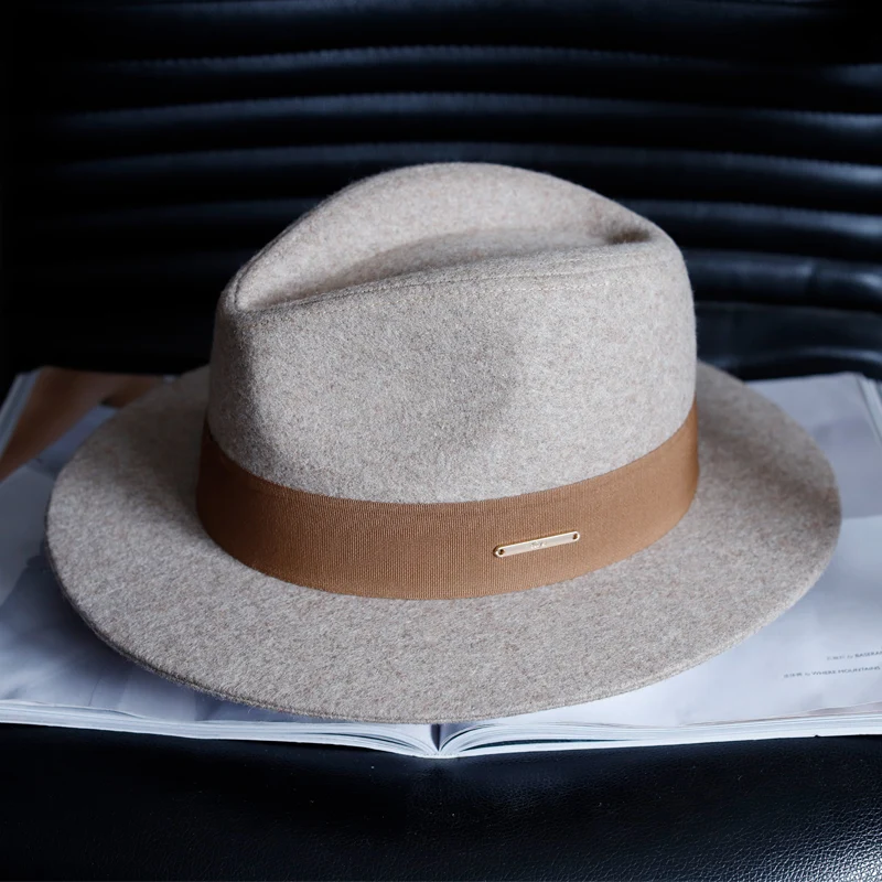 New Autumn And Winter White Woolen Top Hat For Men And Women With Big Head Round Flat Brim Felt Hat With Camel Top Hat