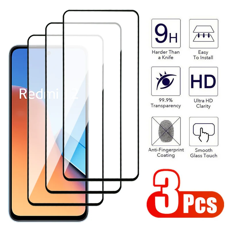 3Pcs Full Tempered Glass For Xiaomi Redmi 12 12C A1 A2 Plus Screen Protector Note 11T 11R 12R 11SE 11E Pro Protective Glass Film