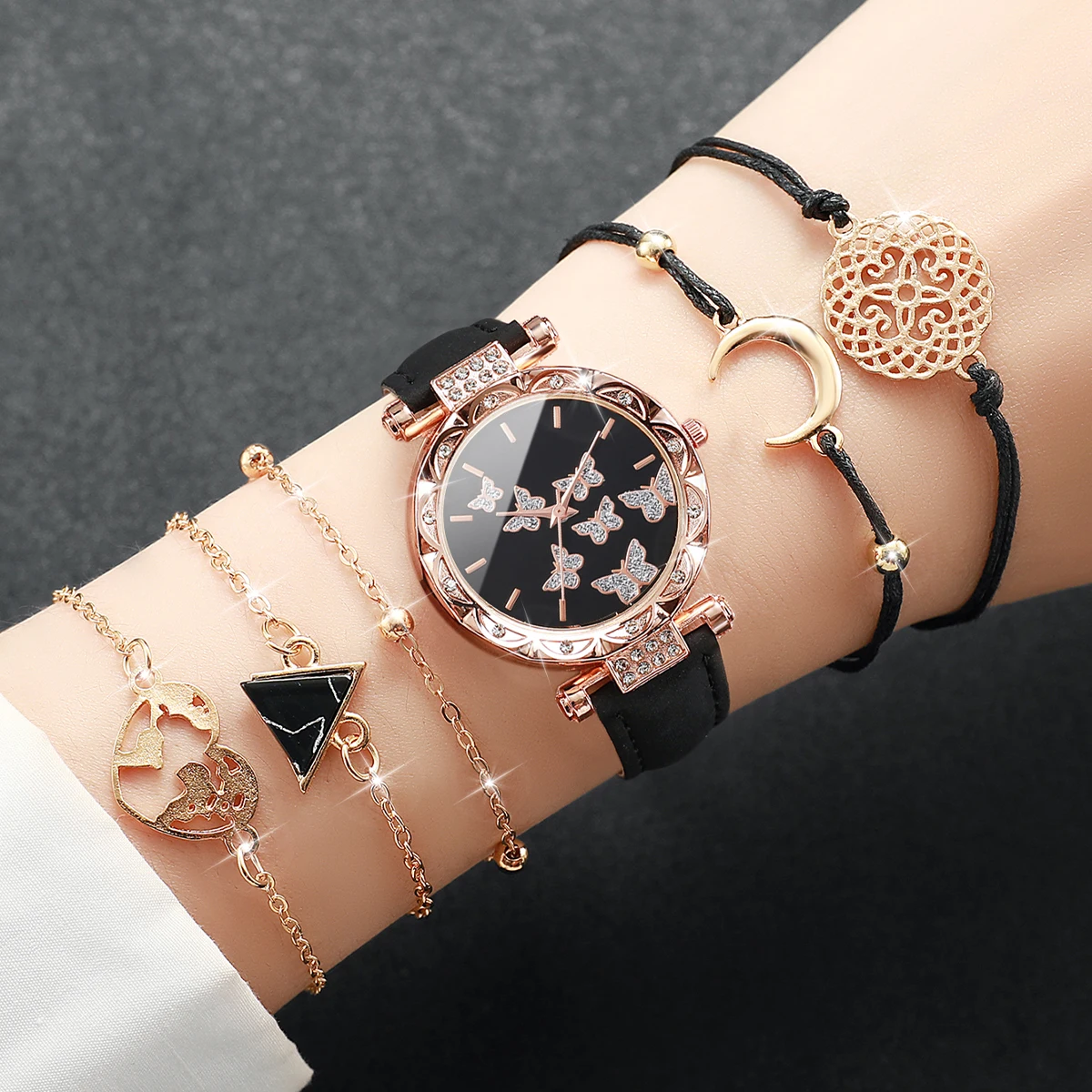 6PCs/Set Women's Watch Fashion Round Butterfly Dial Leather Strap Quartz Watch with Black Triangle Bracelet