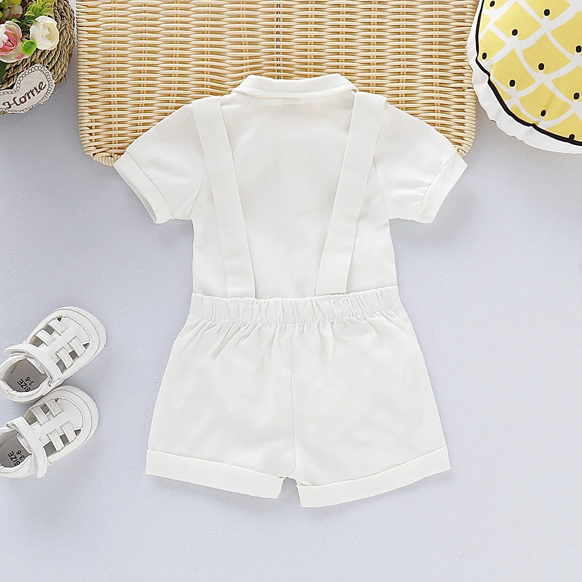 2PCS Summer Newborn Boy Gentlemen Clothes Set Bowtie Short Sleeve Cotton Romper+Suspender Pant Wear for Toddler Boy 0-24 Months