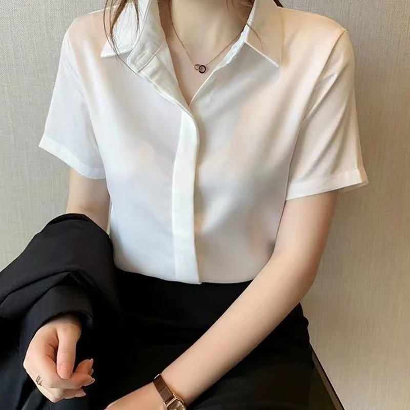 Spring Summer New Professional Chiffon White Women\'s Shirt Western Style Short Sleeved Temperament Commuting Shirt Top for Women