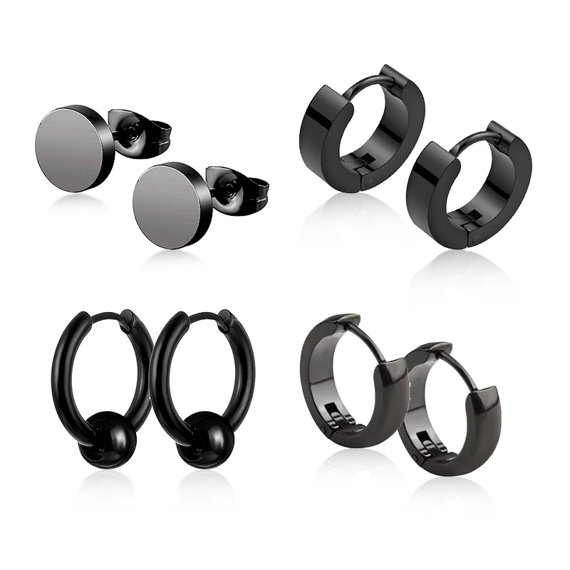 4 Pairs Mens Black Round Disc Huggie Hoop Stud Earrings Stainless Steel Faux Gauges Ear Tunnel Piercing Hypoallergenic Jewelry