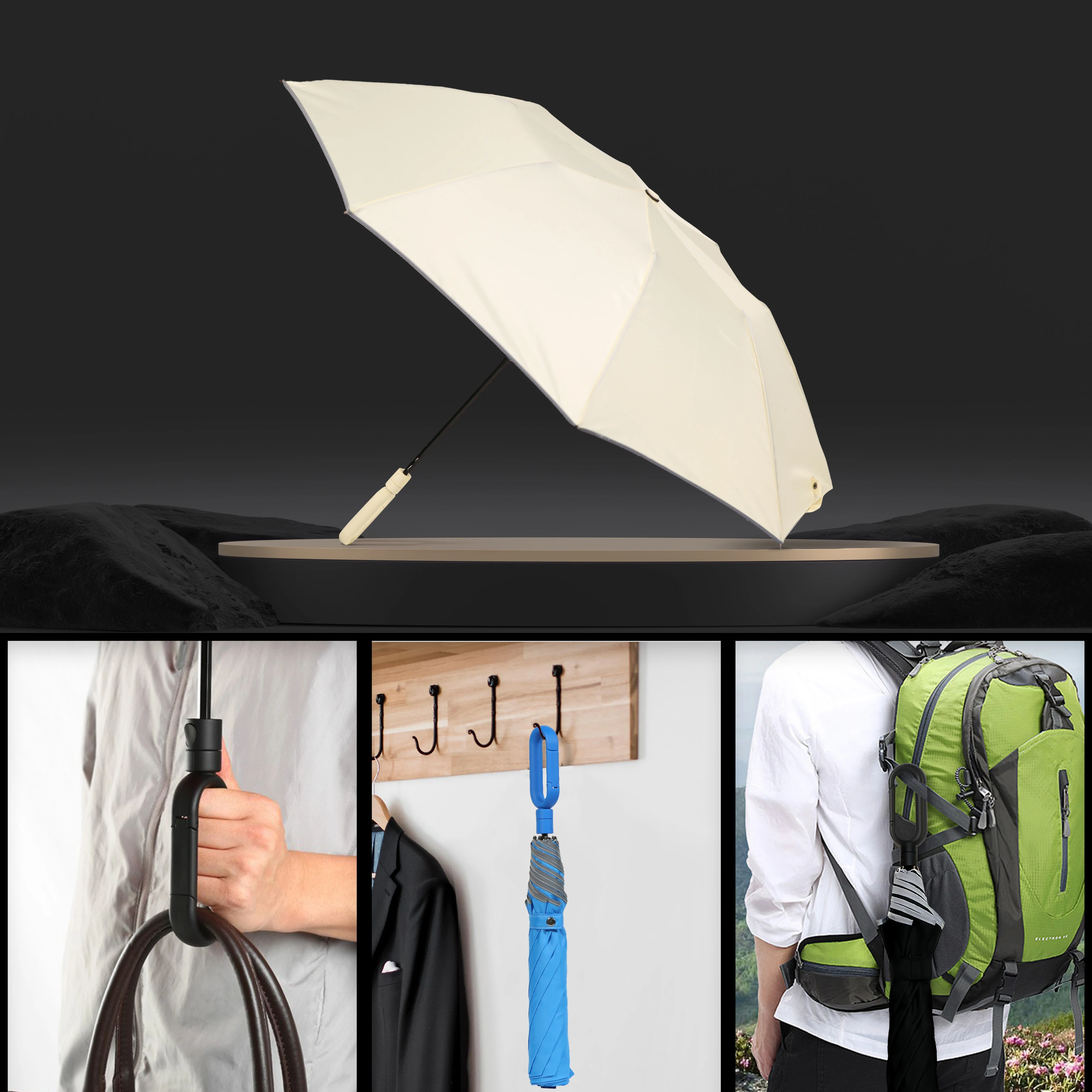 Carabiner Automatic Folding Umbrella with Reflective Stripe Portable Travel Umbrella Wind and Rain Resistant Reinforce Parasol