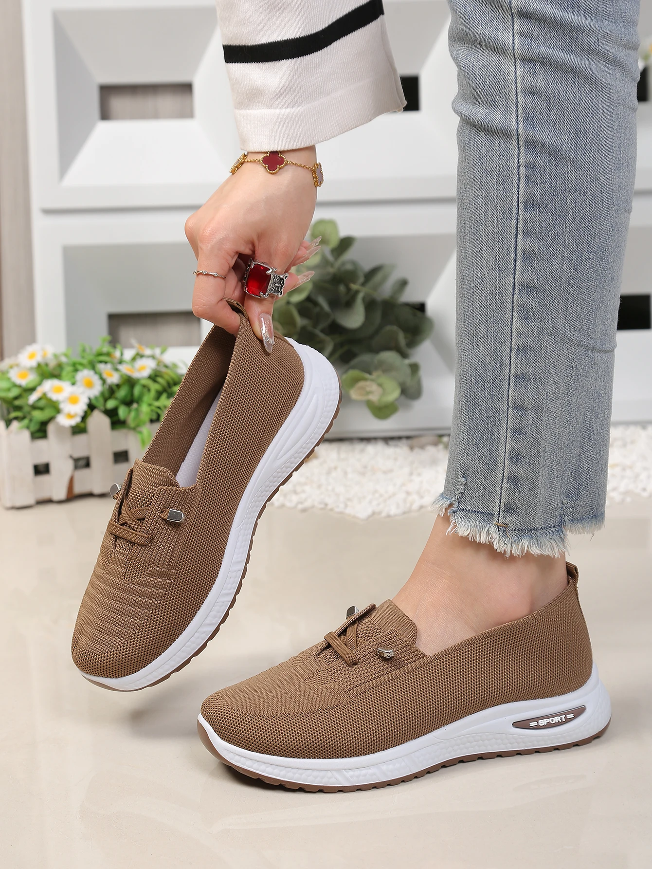 Damen Slip-On Mesh-Schuhe für Zuhause & Büro, Leichte Strick-Walkingschuhe, Rutschfeste Plateau-Freizeitschuhe für Damen – Detail 1