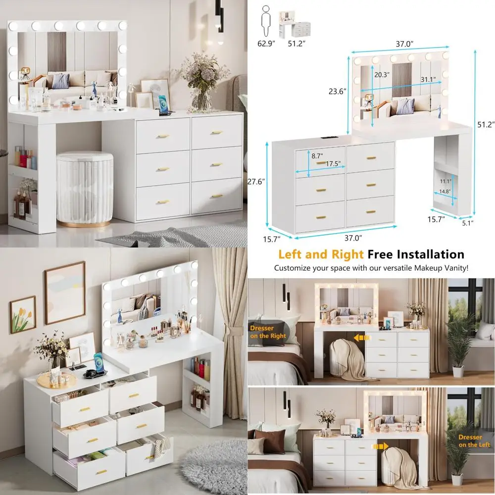 طاولة مكياج PakaLife LED مع مرآة وإضاءة بثلاثة ألوان ومحطة شحن و6 أدراج للتخزين #1