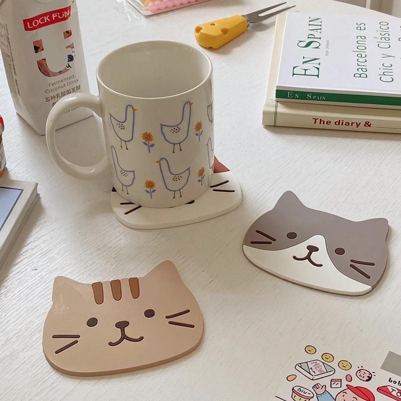 Japanese Kawaii Cup Pad Cartoon Cat Silicone Coaster Heat Insulation Non-slip Table Mat Mug Pads Kitchen Dining Palcemats