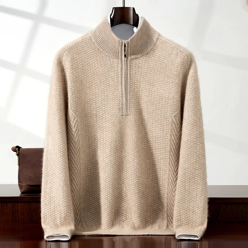 Sweter męski ze 100% czystego kaszmiru, z obniżonymi ramionami, zapinany na krótki zamek, z wysokim kołnierzem, gruby, ciepły, dzianinowy podkoszulek na zimę.