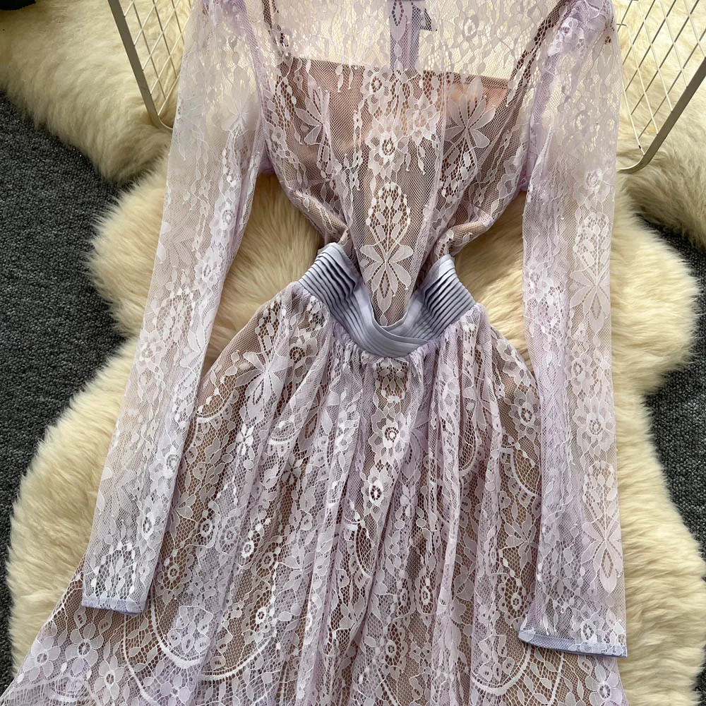 Französisches High-End-elegantes sexy schiere Abendkleid für Damen, O-Ausschnitt, lange Ärmel, Spitze, asymmetrischer Saum, kurzes Kleid, High Street Bankett