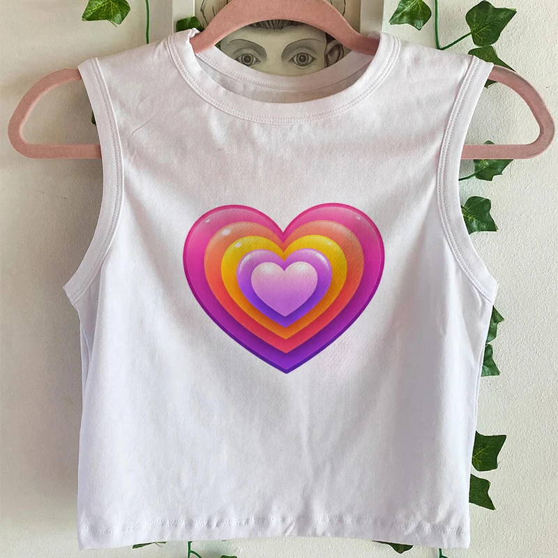 New Women's Clothing Heart Letter Print Crop Tops Summer 2026 Vintage Cute Round Neck Tank Top Y2K Harajuku Fashion Streetwear