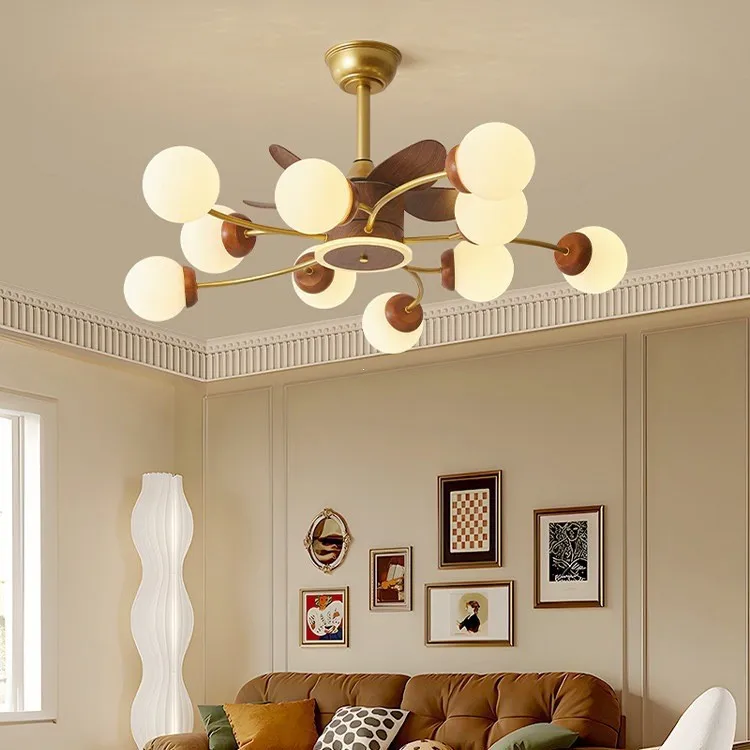 Living Room Fan Light Light French Retro Multi-head Ceiling Fan Light Medium Antique Walnut Wood Grain Color