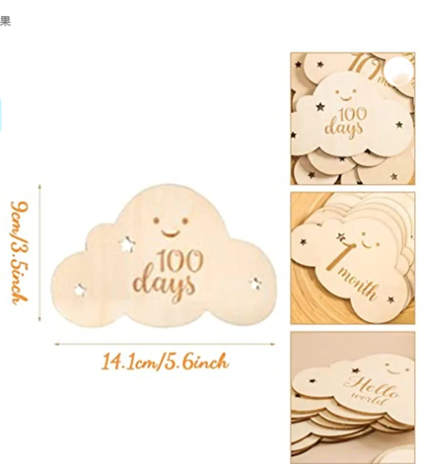 Wooden cloud-shaped double-sided Art Deco style growth milestone card with footprint calendar and birthday photo props