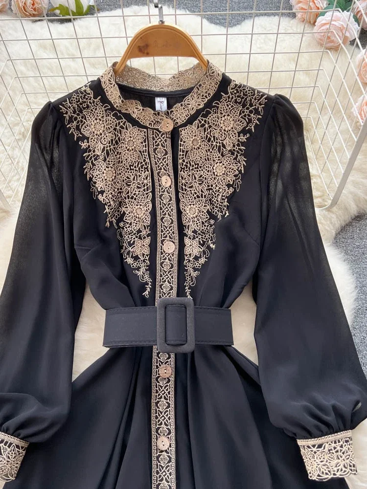 Women Vintage Lace Long Sleeves Elegant Positioning Embroidered  Dress Summer High Waist Slim A-line Single breaste Chiffon Robe