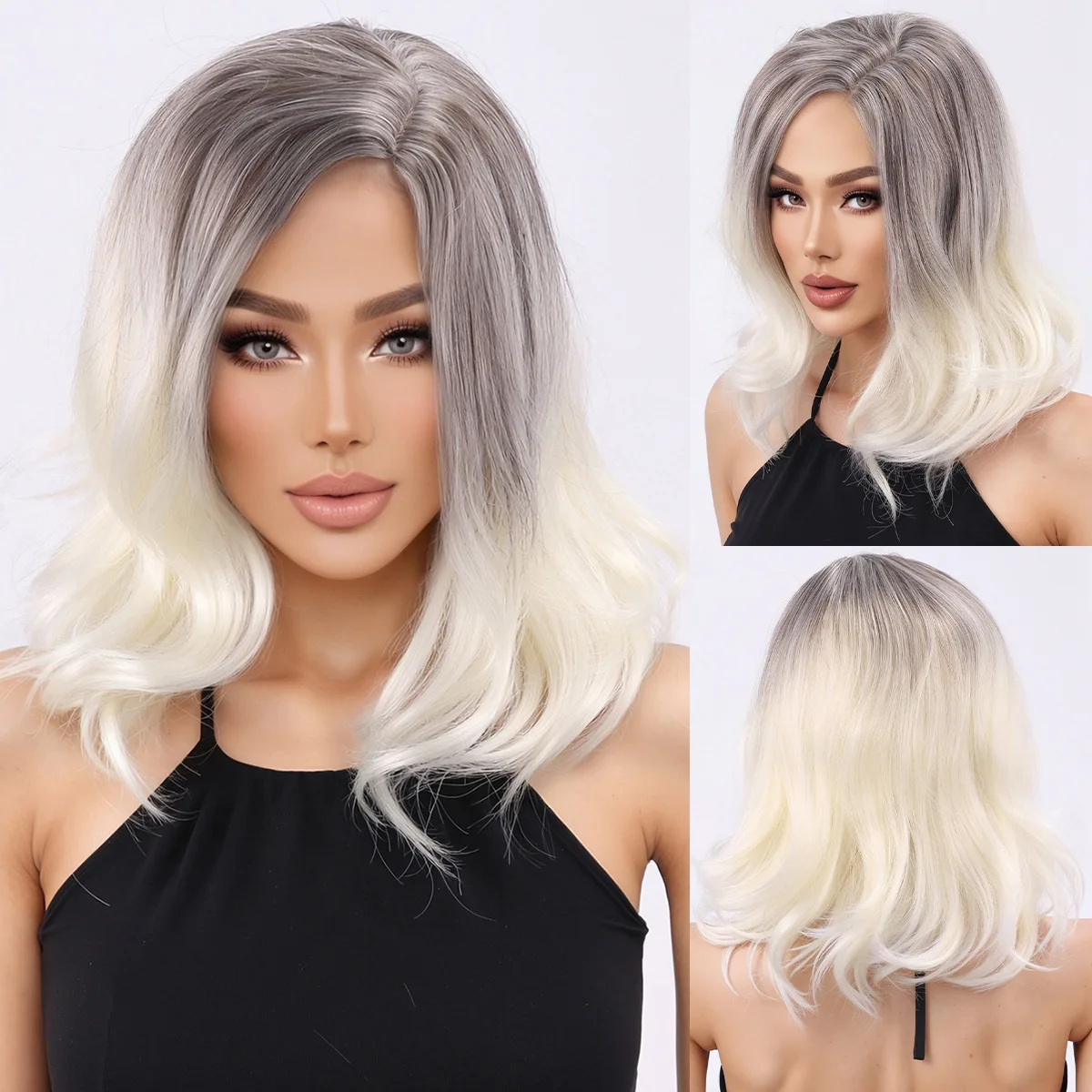 European and American wig women's black gray gradient slightly curled medium long hair headband-Synthetic fiber wig