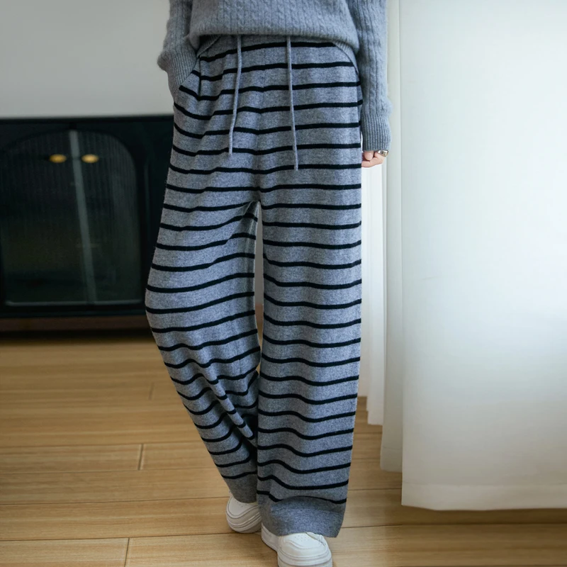 Autumn Winter New Fashion High Quality 100% Merino Wool Loose Knit Stripe Wide Leg Drop Straight Trousers Elastic Waist Pants