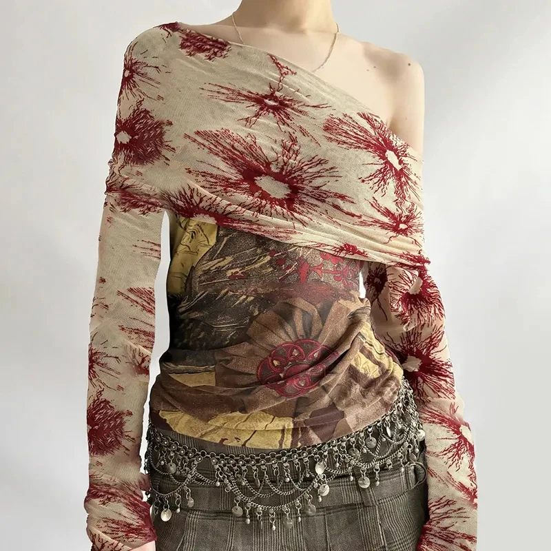 Y2K Floral Print T Shirts Woman Vintage 2000S Clothes Mesh Spliced Off Shoulder Long Sleeve Top American Sexy Graphic Tees