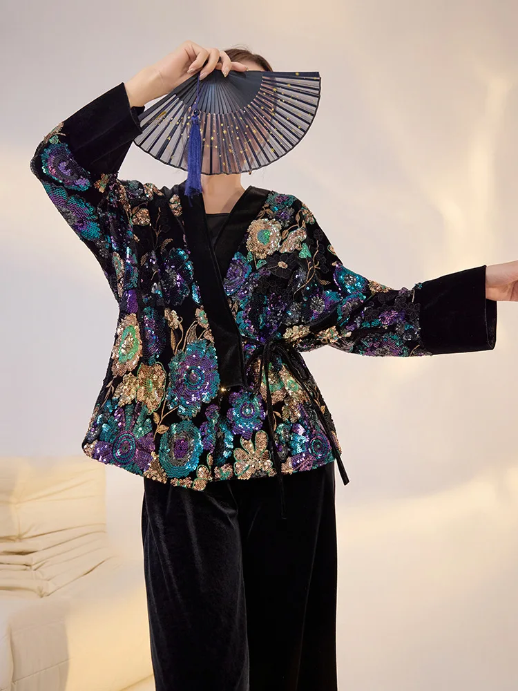 Chinese Tang Suit Clothes Luxury Sequin Embroidery Hanfu Vintage Mandarin Collar Jacket Lady Elegant Tops Spring Autumn Outwear