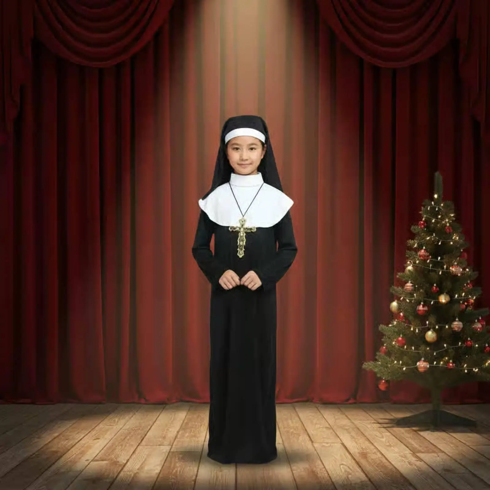 Classic Children Nun Costume Medieval Priest Dress Full Set Girls Cosplay Outfit for Church Pageants and Events