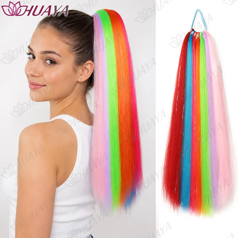 Synthetic Colorful Straight Ponytail Extension for Women Girls Elastic Hair Tie Festival Party Cosplay Hair Accessories