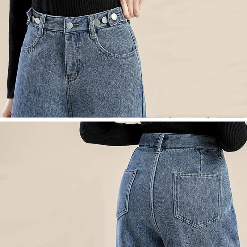 Women Winter Thicken Plush Lined Wide Leg Jeans High Waist Warm Straight Vaqueros Snow Wear Baggy Add Velvet Ankle-length Jeansy