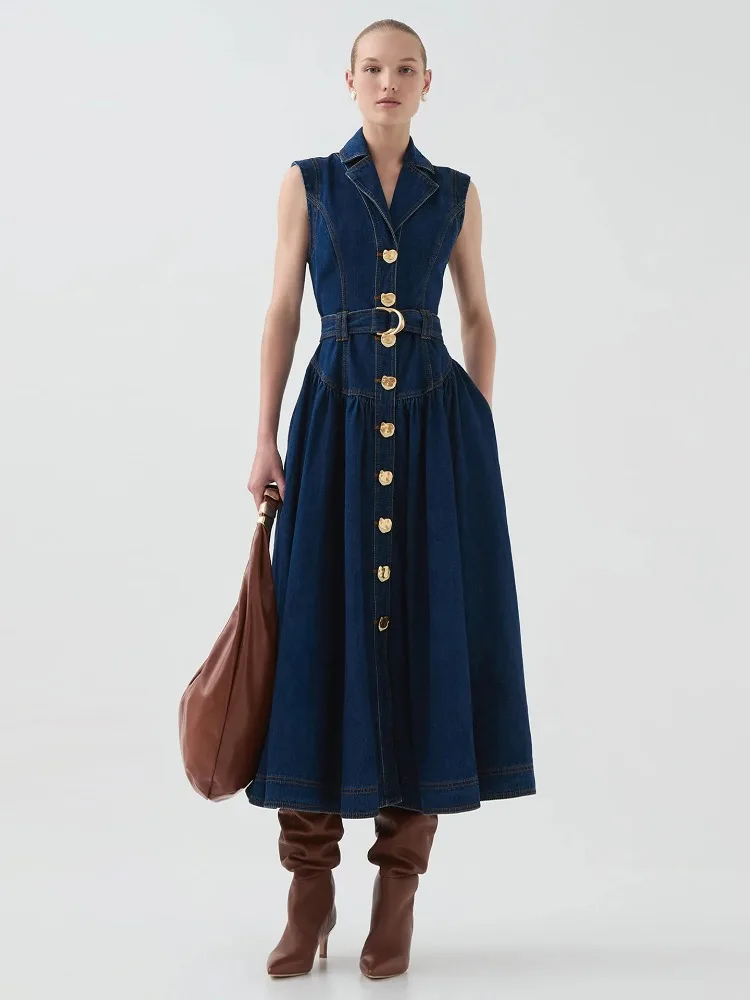 white christmas dresses PUELLA Women's Flared Denim Midi Dress with V-Neck & Short Sleeves – Puella main image 1