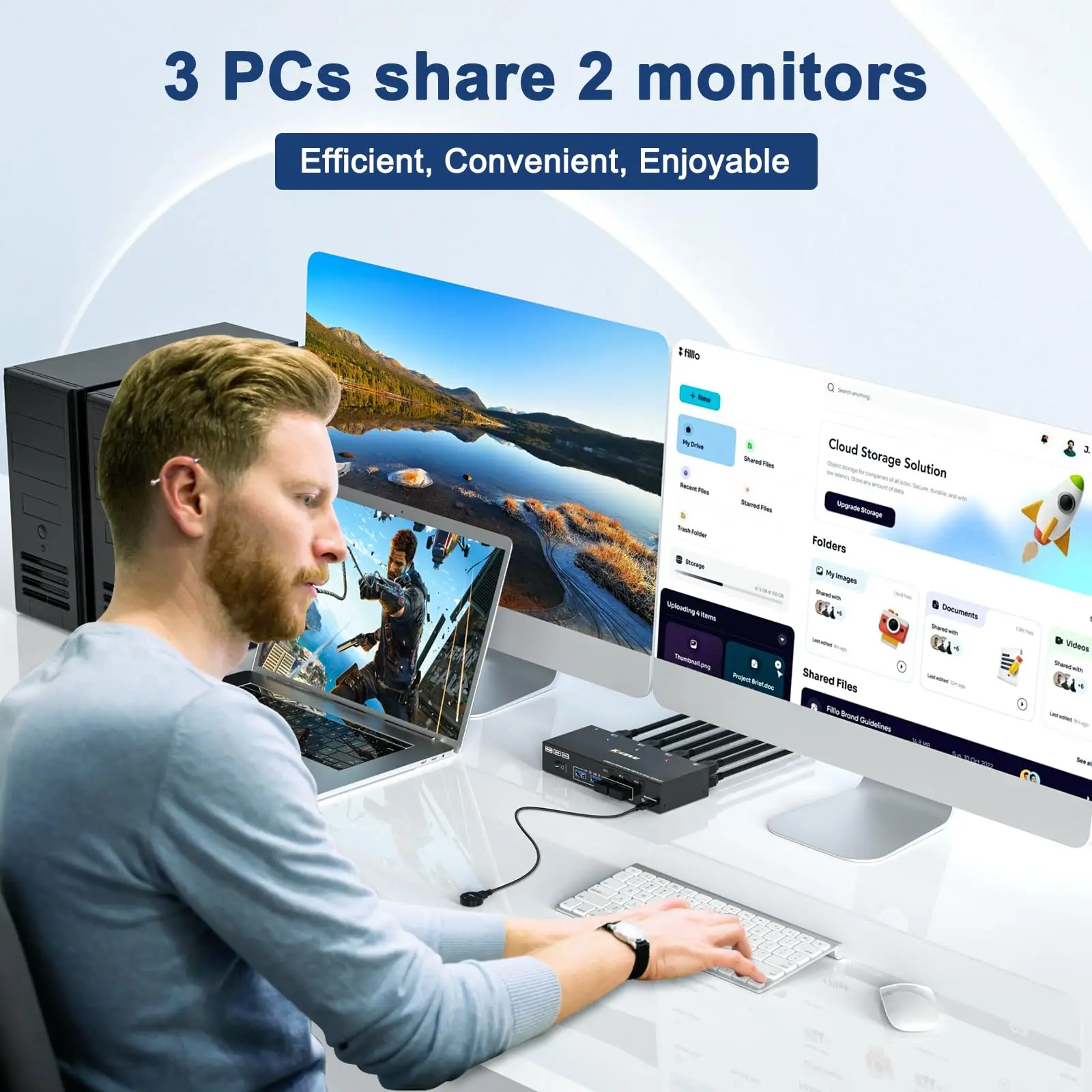 KCEVE KVM Switch 2 Monitors 3 Computers 4K@144Hz/4K@60Hz, HDMI Displayport KVM Switch Dual Monitor for 3 PC Share 4 USB 3.0 Port - Image 2