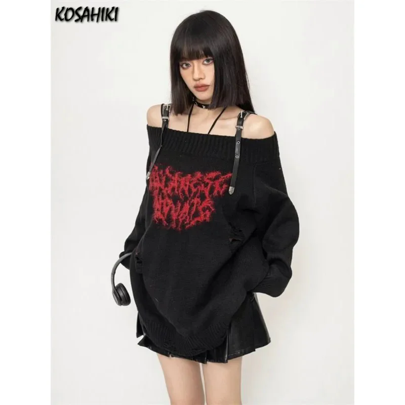 Harajuku Gothic Sexy Off Shoulder Knitted Jumpers Grunge Jacquard Sweater Fashion Knitwear Y2k Aesthetic Slash Neck Sweater