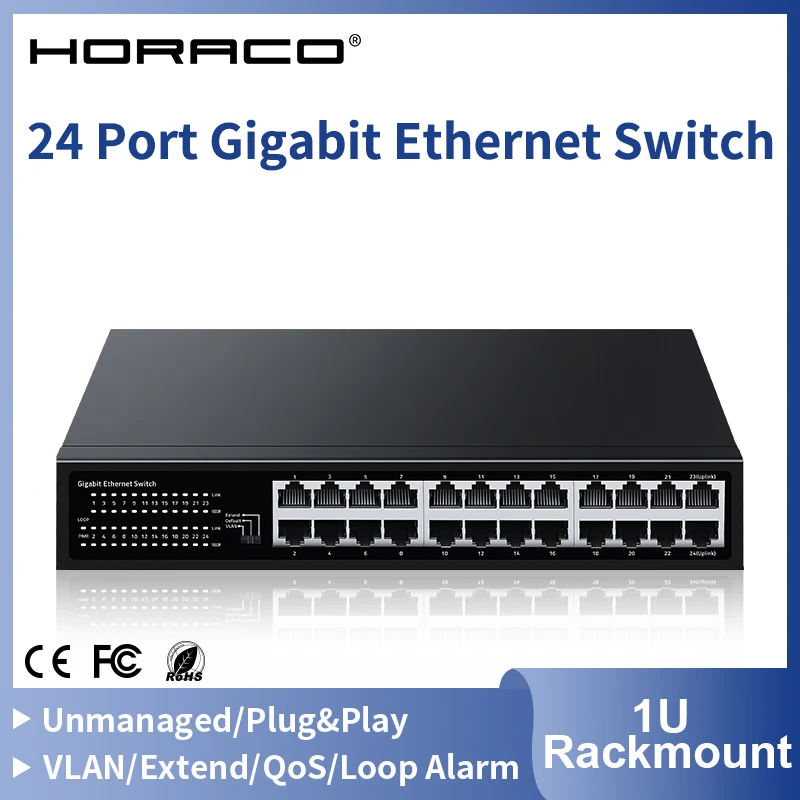 

Коммутатор HORACO на 24 порта Gigabit Ethernet, 1000 Мбит/с, быстрый интеллектуальный сетевой коммутатор-хаб, интернет-сплиттер с VLAN, QoS, сигнализацией о циклическом петле