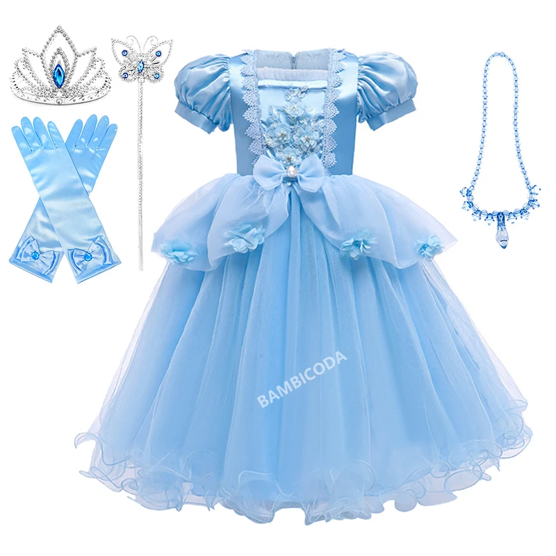 

Cinderella Cosplay Costume Kids Deluxe Blue Ball Gown Princess Dresses Elegant Christmas Fairy Embroidery Wedding Evening Dress