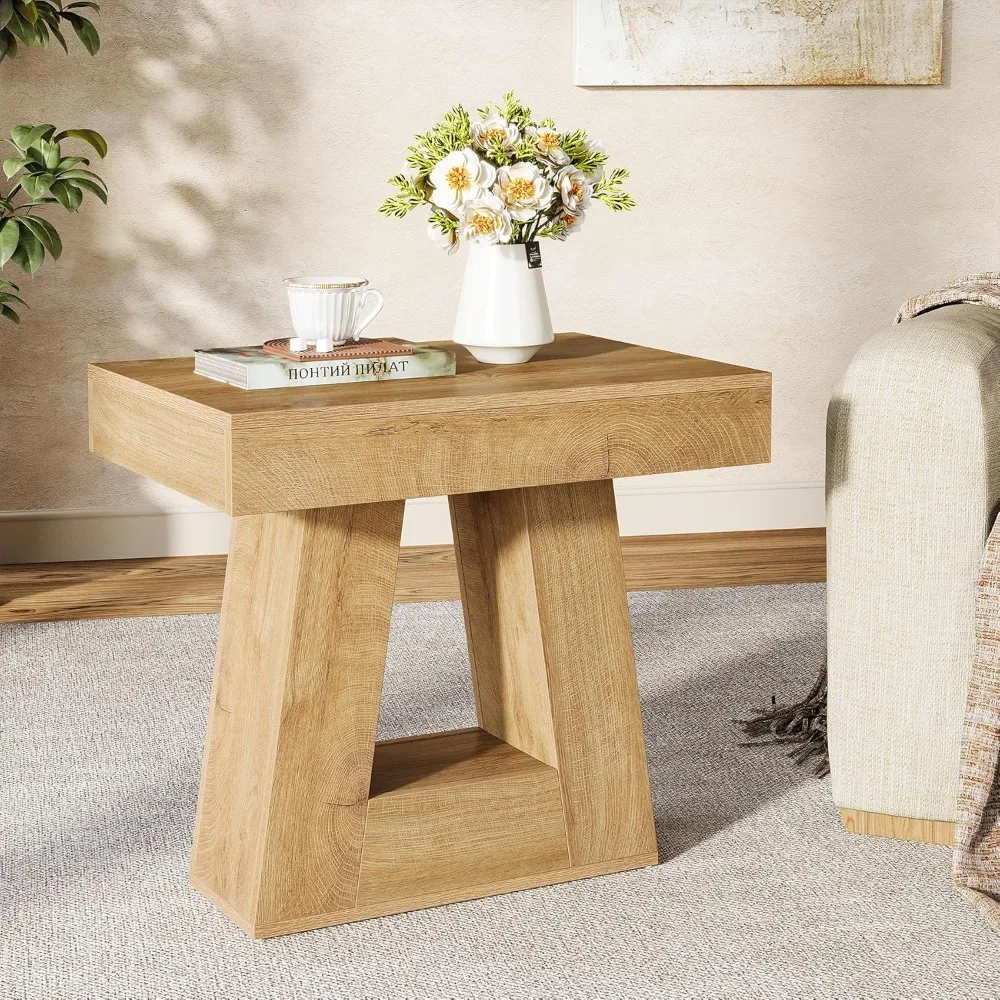 

Modern 2-Tier Wooden Side Table with Trapezoid Base for Living Room and Bedroom, Farmhouse Style Nightstand