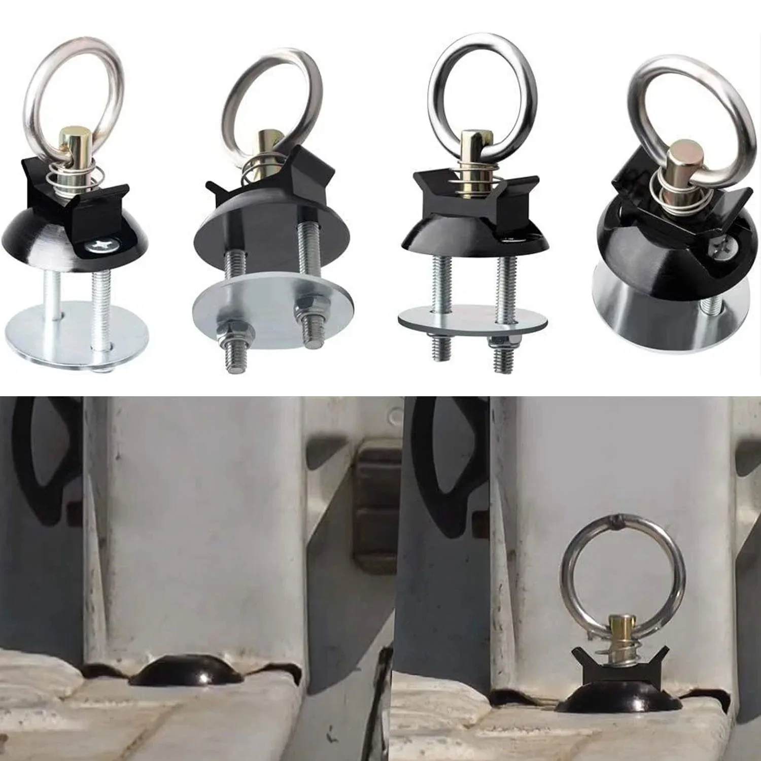 4x L-Track Single Stud Fitting with Round Ring Black Cargo Tie Down Anchor for Airline Rail Track Truck Trailer Pickup Camper